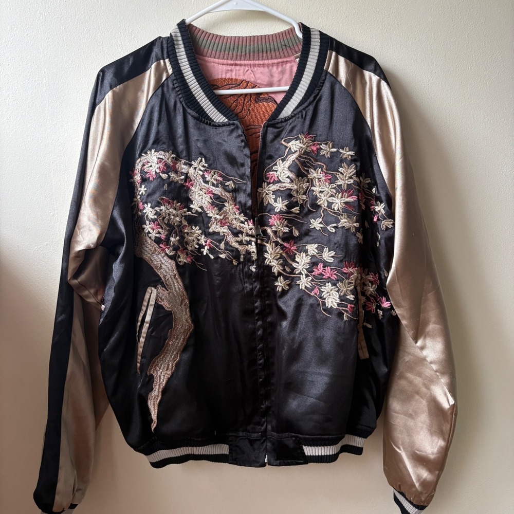 Seek the  Label Reversible Sukajan Bomber Jacket Black Pink Floral  Size M